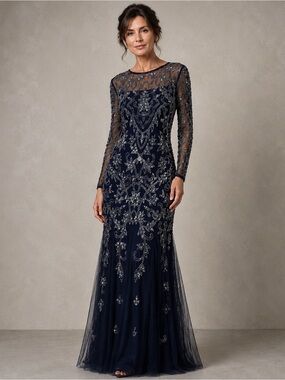 Adrianna Papell Long Sleeve Beaded Sequin Maxi Gown Size 12